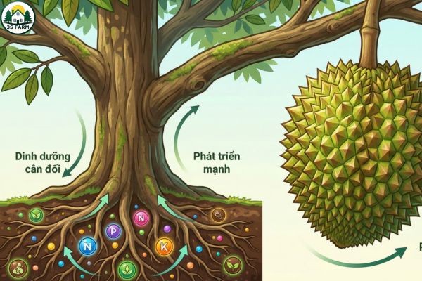 Trái sầu riêng lớn đang phát triển khỏe mạnh, gai sắc, vỏ dày