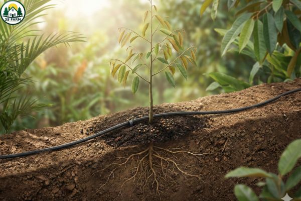 Cây sầu riêng 1 năm tuổi trồng trên mô, hệ thống tưới nhỏ giọt