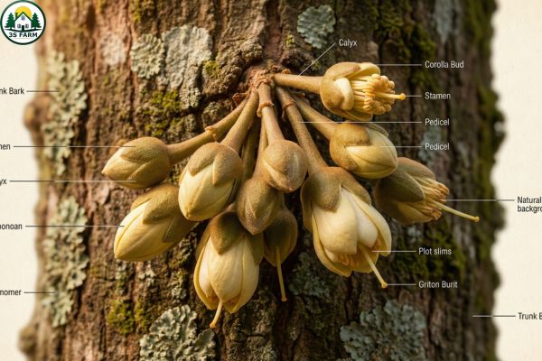 Cận cảnh nụ hoa sầu riêng mọc trên thân