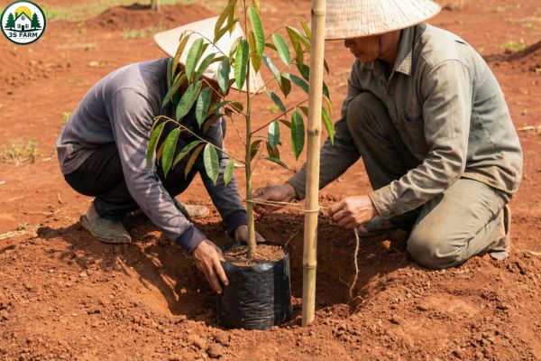Kỹ thuật đặt cây con sầu riêng vào mô đúng cách, không bị nghẹt rễ và giữ cây đứng vững